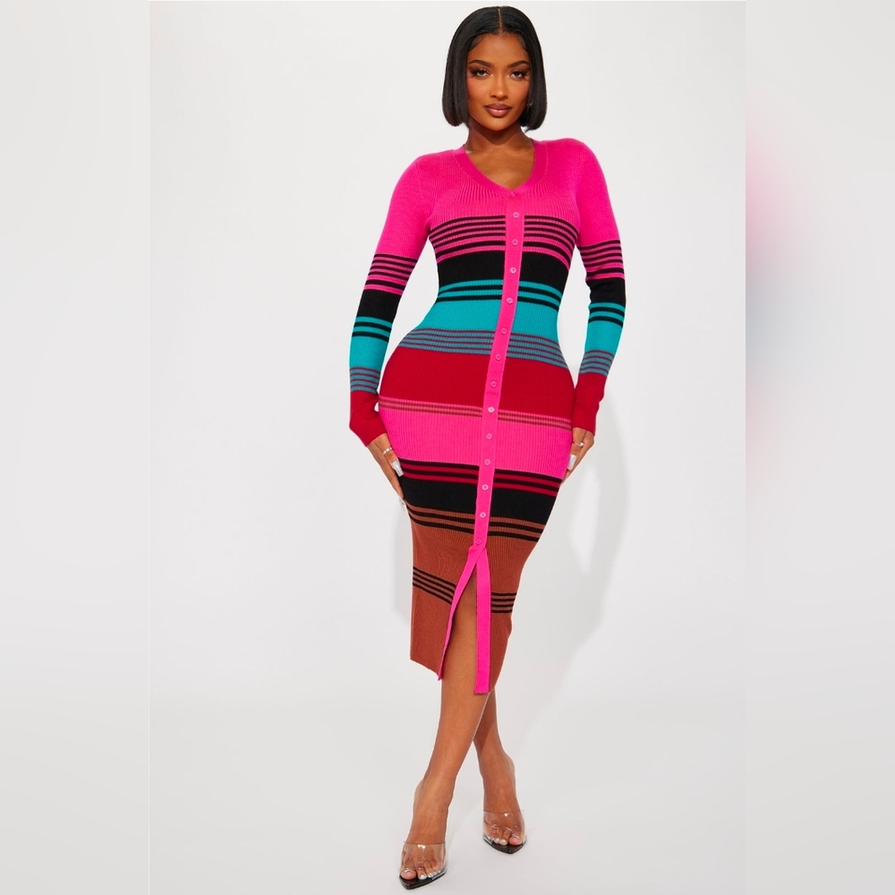 Multicolor Striped Ribbed Sweater Dress
